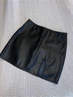 Black Faux Leather Mini Skirt with Front Slit
